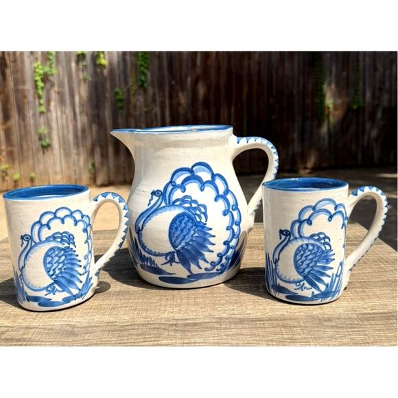 Knesseth Denisons Other - Knesseth Denisons Dorchester Pottery Turkey Pitcher 2 Mugs Blue White Signed